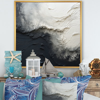 Minimalisme, peinture noire et blanche, vague I - art mural encadré bord de mer