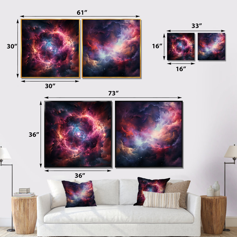 Ensemble de salon art mural galaxie rose nébuleuse Odyssey I - 2, Toile tendue, H 16 po x l 33 po x P 1 po