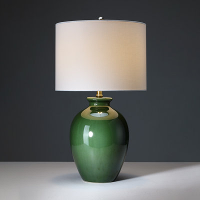 24.5In 3-Way Moss Green Ceramic Table Lamp With Drum Shade