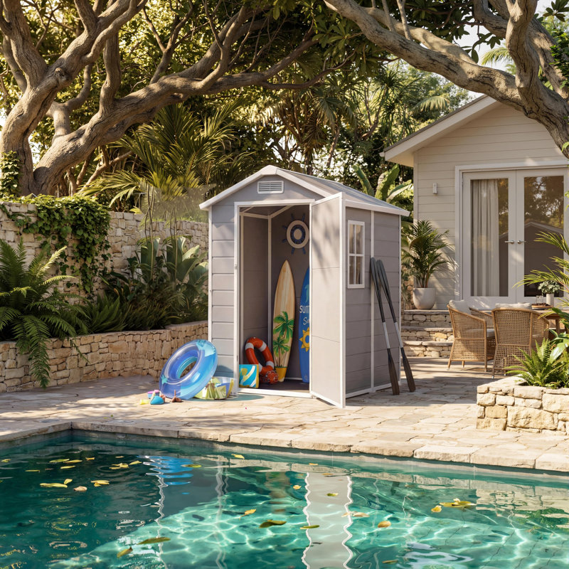 4x6 FT Resin Storage Shed with Floor, Lockable Door & Window, Sloping Roof, Plastic Garden Shed for Backyard, Gray