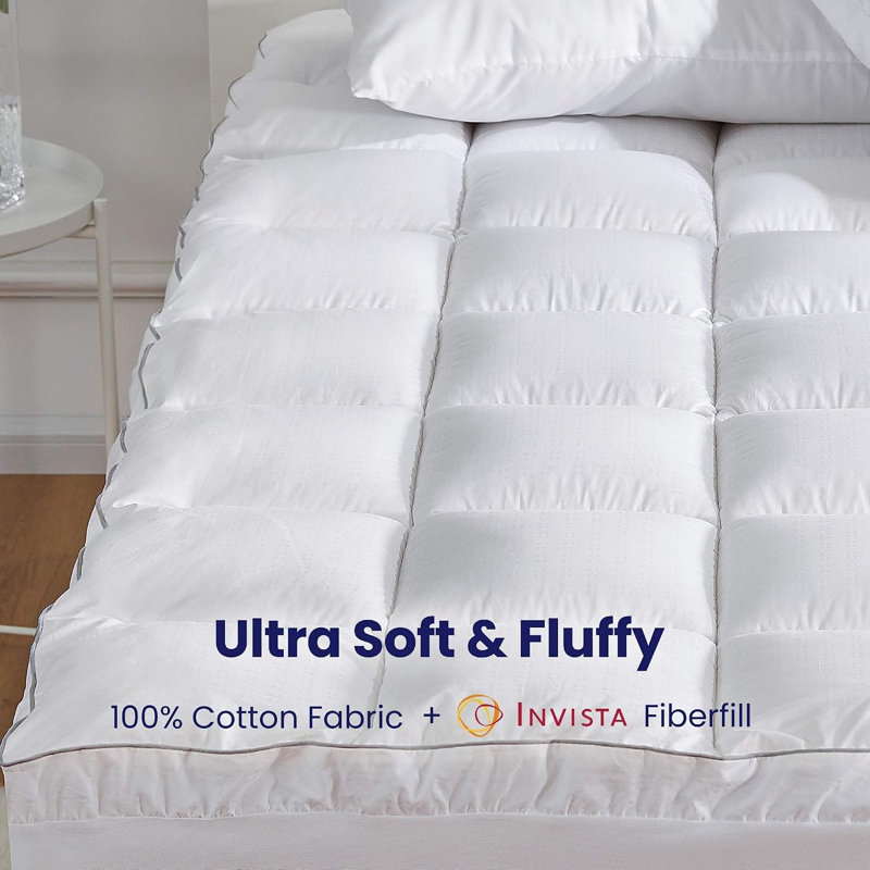 300 TC Cotton Mattress Topper, 22 oz Fluffy Fill, Baffled Box Quilting, 8-21" Deep Pocket, Full