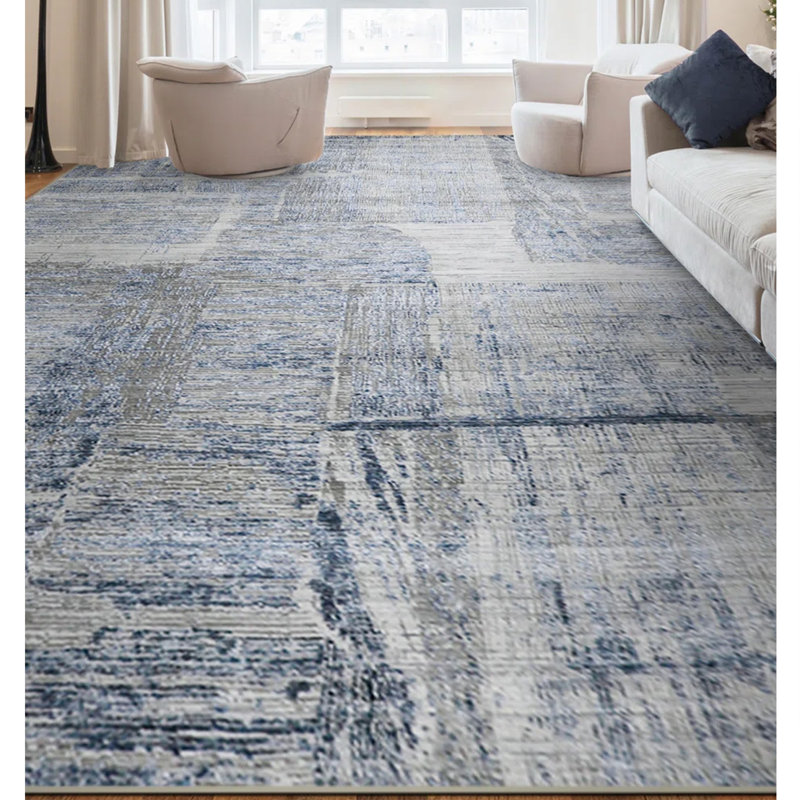 Tapis gris et bleu noué à la main de haute qualité, Rectangle 9 pi x 12 pi