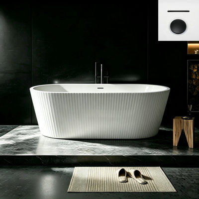 Baignoire autoportante en acrylique de 170 x 75 cm (67 x 29,53 po), forme ovale cannelée, blanc brillant, avec trop-plein et bonde rétractable noire mate.