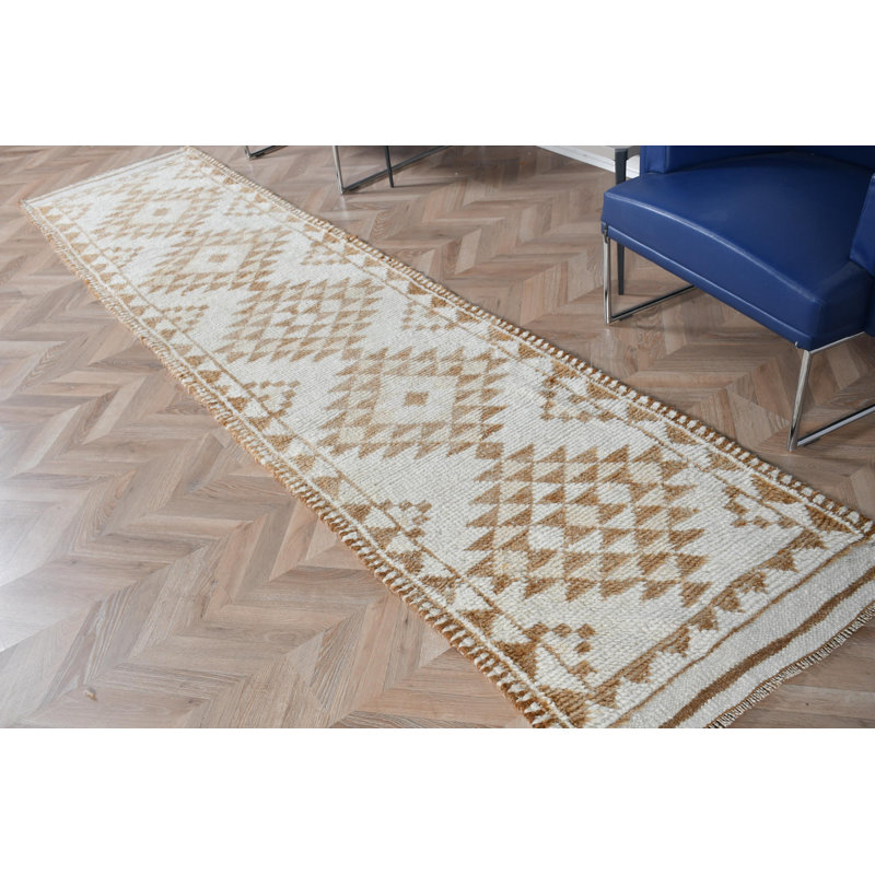 Tapis de couloir beige fait à la main avec motif géométrique rétro pour couloir - tissu turc 3 x 11 pi