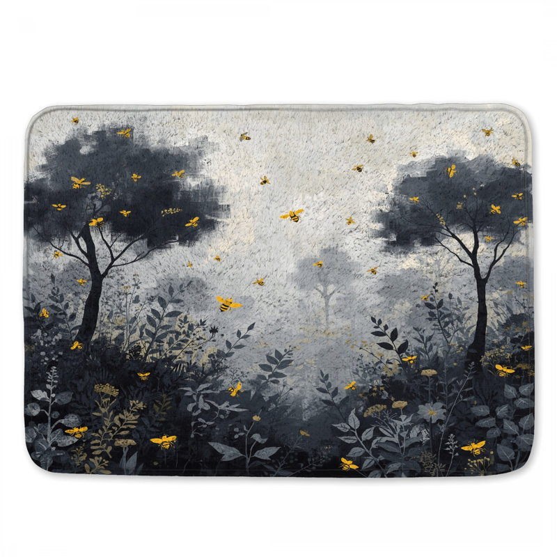 Tapis de bain arbres gris avec abeilles, L 24 po x L 17 po