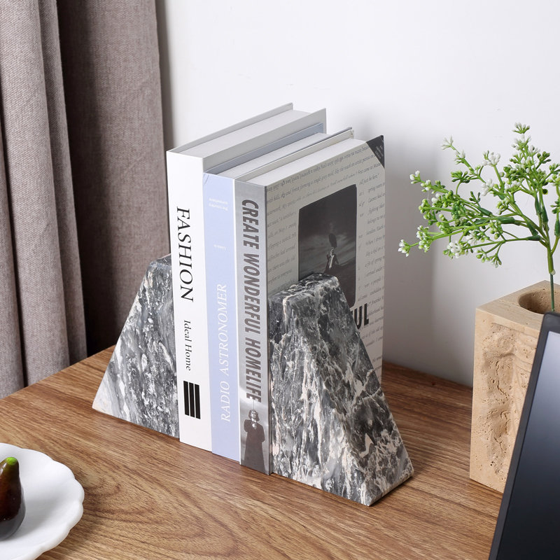 Ensemble de 2 serre-livres en marbre naturel, supports de livres géométriques en pierre pour étagères, Gris
