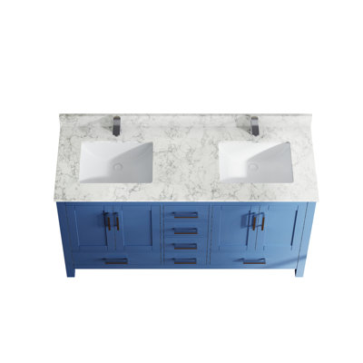 59" Blue Bathroom Vanity, Double Basins Sink, Faucet Hole, 4-Door 6 Storage, Multi-Functional Hidden Solid Wood, Plywood, Rectangle Ceramic Basin, Modern Minimalist Style, Vintage Handles,