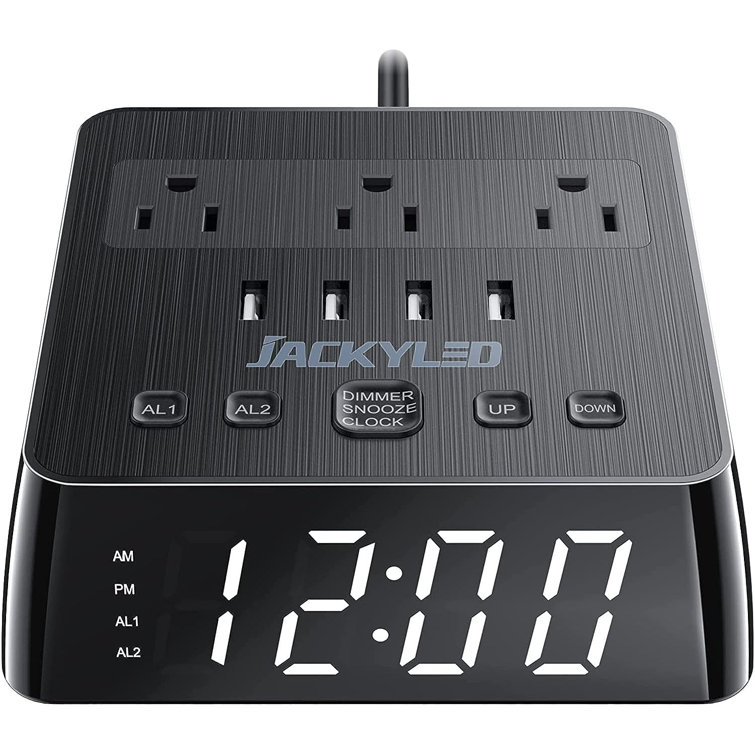 Alarm Clock 4 USB Chargers Power Strip 3 Outlets Surge Protector Digital  Clock Dual LED Display