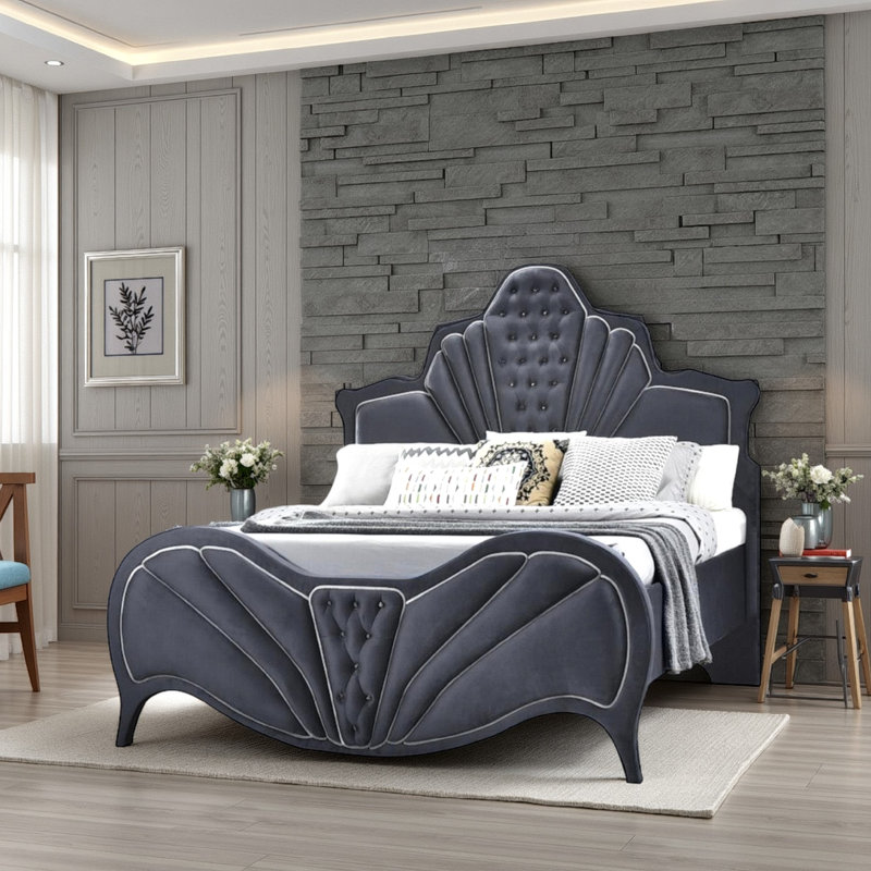 Lit plateforme tapissier touffeté Jument, Grand, Gris