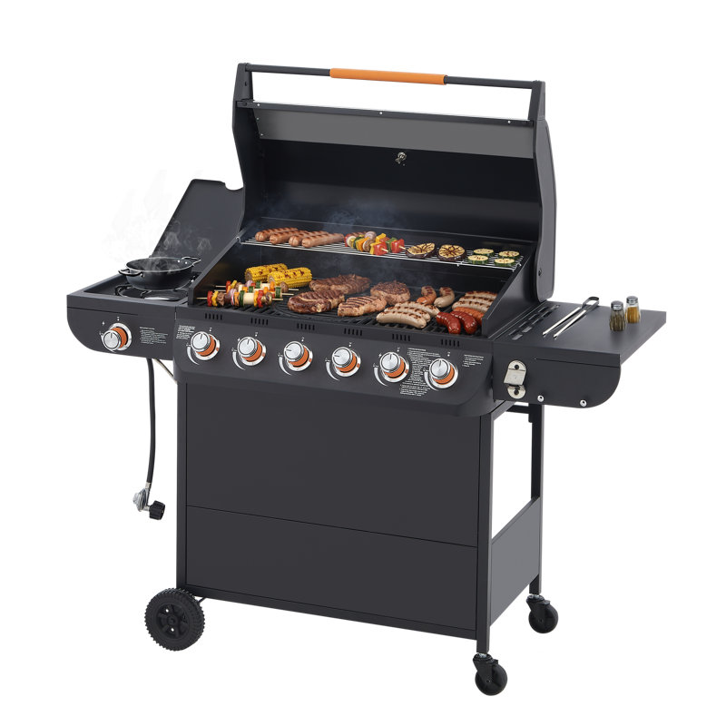 Barbecue au gaz propane à 6 brûleurs avec brûleur latéral Barbecue en acier inoxydable à sortie de 72 000 BTU avec grilles en fonte et tables d'appoint pour la cuisine extérieure et la cour arrière.