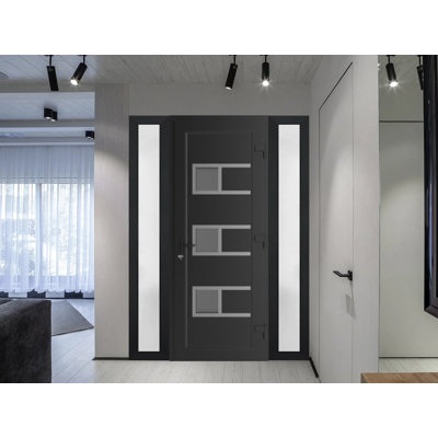 Porte d'entrée extérieure pré-montée en PVC-U métal-plastique Manux 8933, noir mat, avec 2 impostes latérales. Convient aux bureaux, aux commerces et aux habitations. Parfait pour l'entrée, les patios et les garages. Dimensions : 60 x 80 pouces (L 14 + 32 + 14 x H 80 pouces). Ouverture à gauche vers l'intérieur.