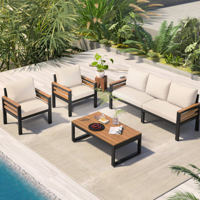 4 meubles d'extérieur pour 5 personnes avec bois, coussin de conversation amovible et table basse en bois massif, beige, jardin confortable, coussin de balcon pour la piscine, structure de table en métal