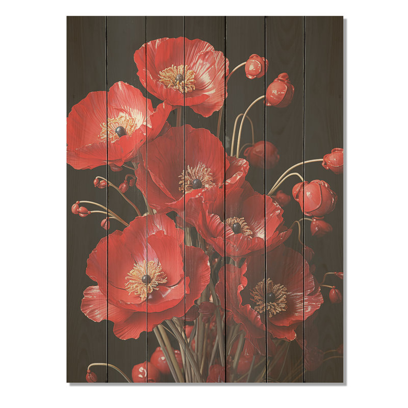 Cascade de Reds Dynamic Poppy Scene I - coquelicots sur bois, H 20 po x l 10 po