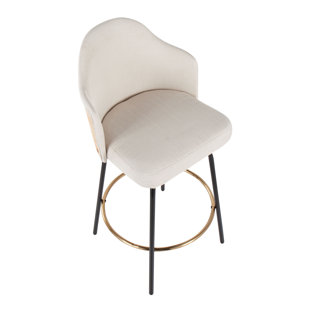 Tabouret de comptoir à hauteur fixe contemporain Gracen avec pieds en métal noir et repose-pieds rond en métal doré avec siège en tissu crème et dossier en bambou naturel par Corrigan Studio® - ensemble de 2 (Ensemble de 2)