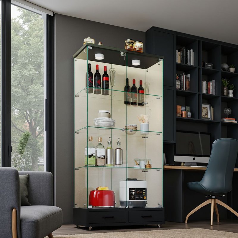 Hollandale 65.8"H Glass Display Cabinet, Bookcase With 13-Color LED & 2 Drawers, Black