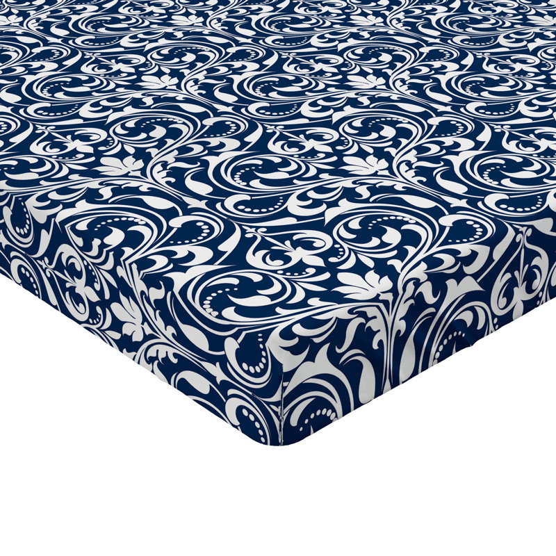 Ambesonne Nature Fitted Sheet Leaves Botanical Style Art, Cobalt Blue/White Damask, King Fitted Sheet