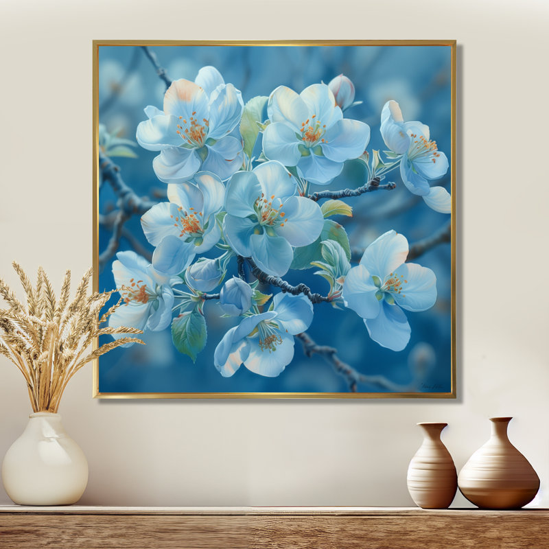 «Blue Apple Blossom Spring Breeze II», art mural fleur de pommier, Cadre flottant doré, H 30 po x l 30 po