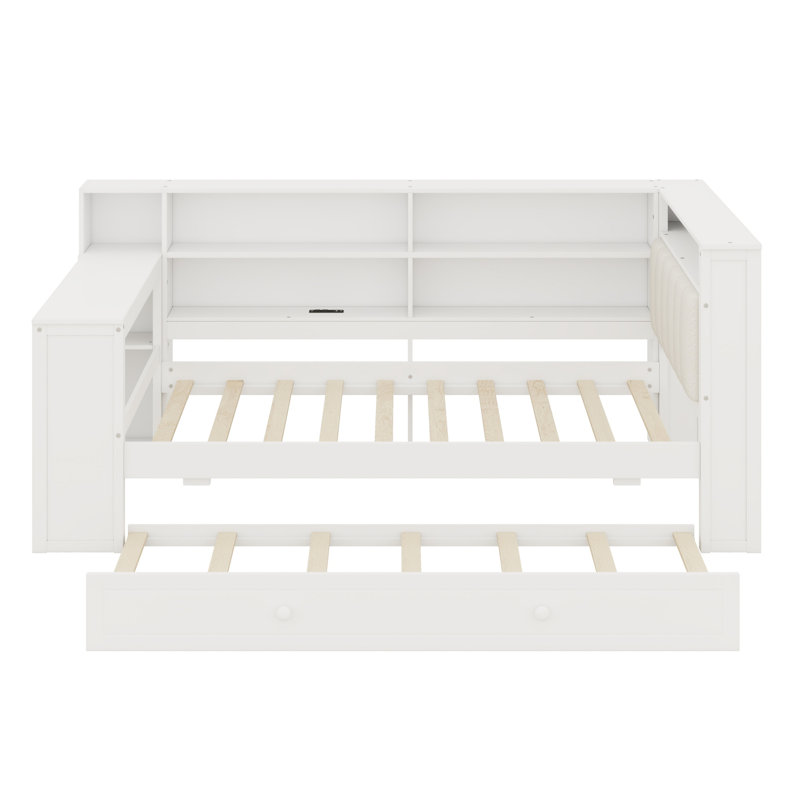Platform Bed with Shelves, Trundle, Charging Station, LED, Desk and Upholstered Headboard for Complete Bedroom Solution