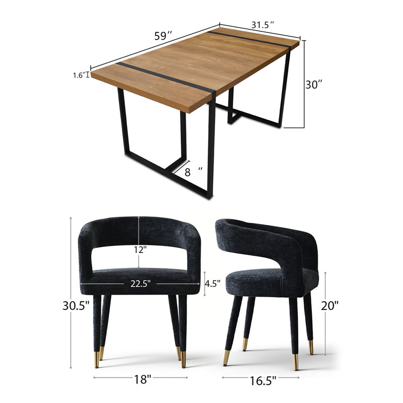 Modern 5-Piece Dining Set With 59" Rectangular Table And 4 Upholstered Arm Chairs, Black