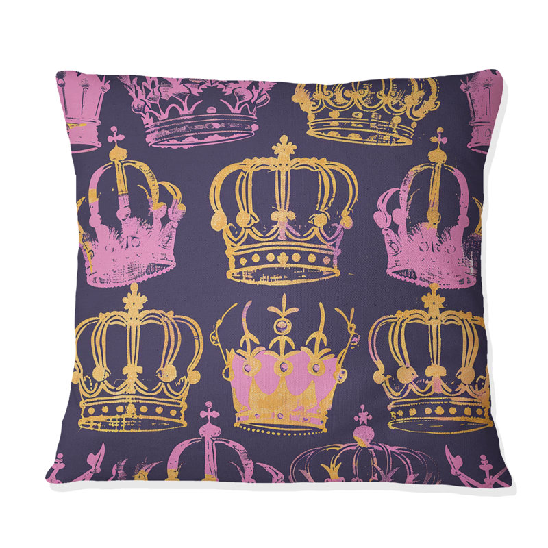 Coussin décoratif à motif de couronne royale et rose doré, H 16 po x l 16 po