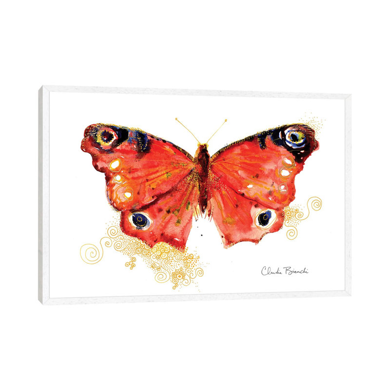 Butterfly In Gold by Claudia Bianchi - Painting on Canvas, 66.04cm H x 101.6cm W x 3.81cm D, White Framed