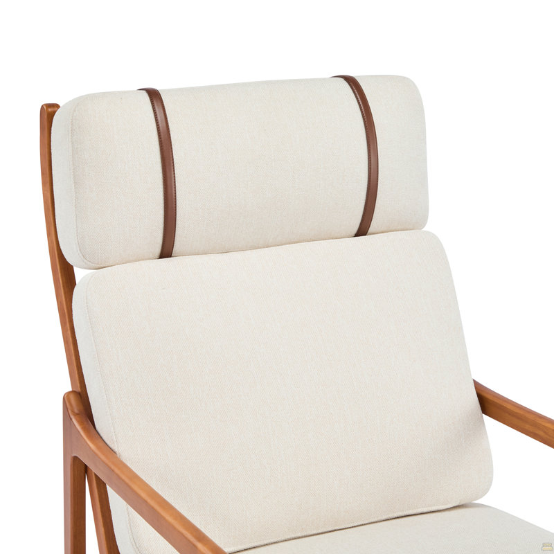 Fauteuil d'appoint Mid-Century moderne, structure en bois massif avec dossier haut, coussins rembourrés beiges, méridienne ergonomique pour salon / chambre à coucher / coin lecture