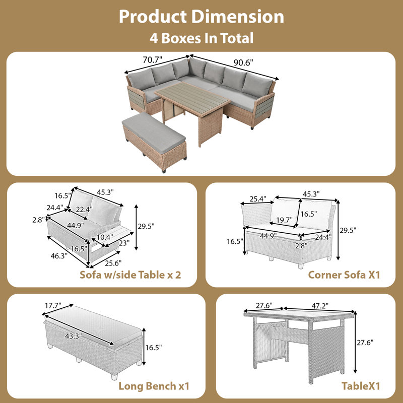 8 - Person Wicker Outdoor Sectional Sofa Set with Extendable Side Tables & Storage Bench – Weather Resistant Patio Conversation Set for Backyard, Poolside, Garden