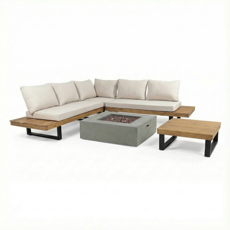 Abhipsa Acacia 5 - Person Patio Conversation Set with Cushions, Yes, Beige Cushion/Teak/Black Frame