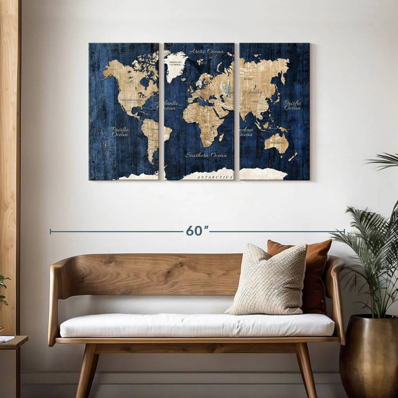 Carte du monde en bois texturé sur toile, ensemble de 3 pièces, H 28 po x l 45 po x P 1,25 po