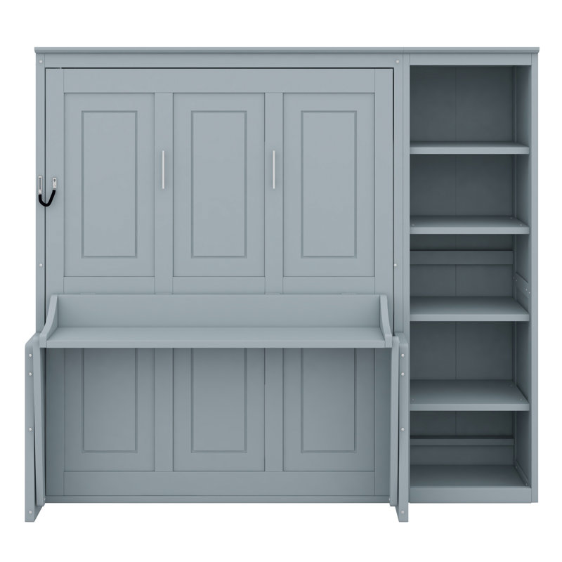 Lit escamotable Liftup avec bureau et tablettes, bois de pin massif et panneau de fibres à densité moyenne, Double, Gris