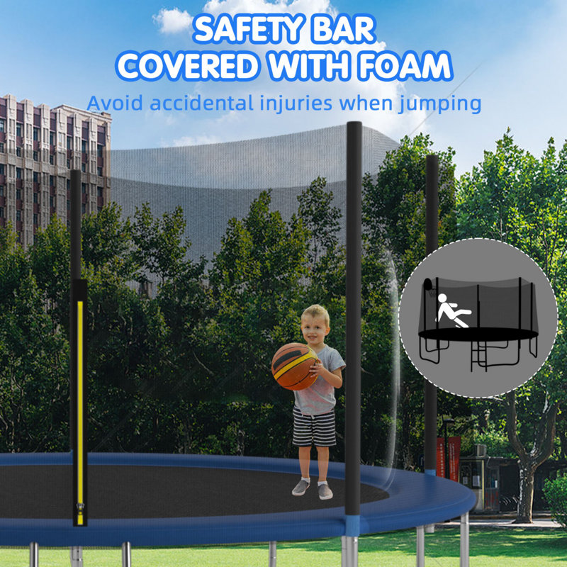 Blue 14FT Round Trampoline with Enclosure and Basketball Hoop