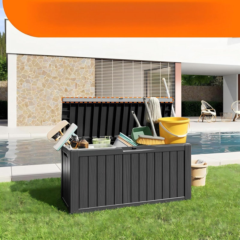 90 Gallon Outdoor Resin Storage Box, Waterproof Lockable Patio Deck Container, UV Resistant Storage Bin For Garden Tools And Outdoor Furniture, Black