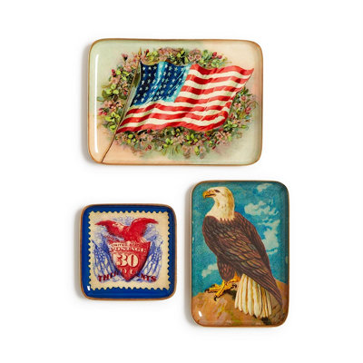 Vintage America Metal Trinket Tray Set of 3, 7" H Iron Enamel Decorative