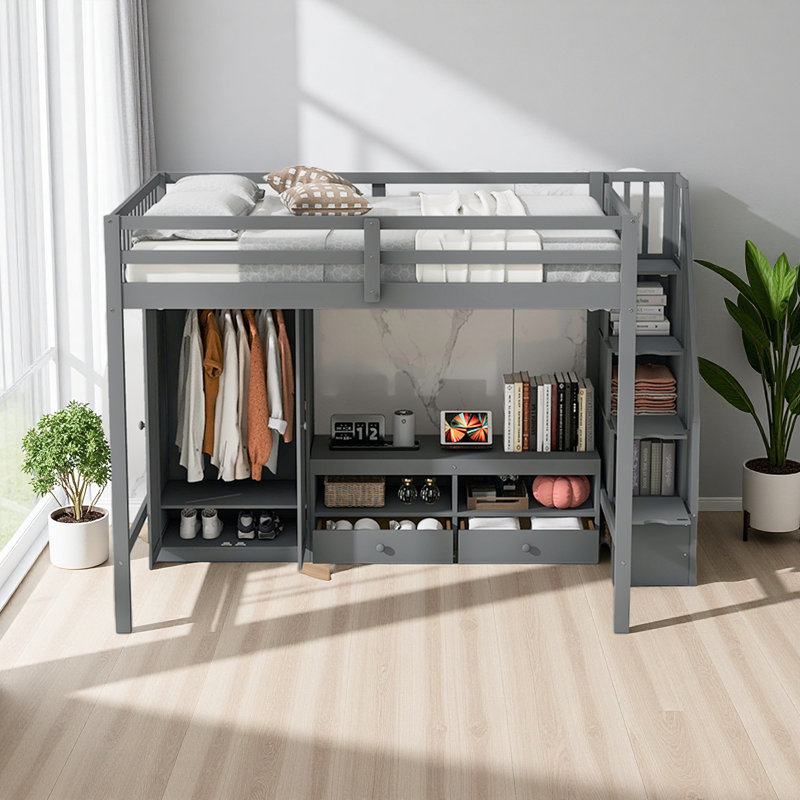 Structure de lit double pleine grandeur avec garde-robe, table de rangement basse et escalier de rangement, Gris