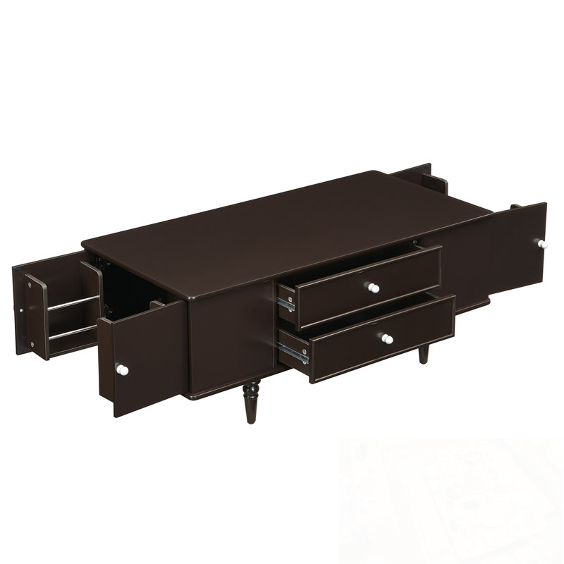Table basse rectangulaire avec quatre tiroirs et deux compartiments de rangement cachés, Brun