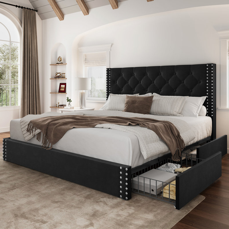Lit plateforme tapissier avec tiroirs de rangement, Noir, Grand lit