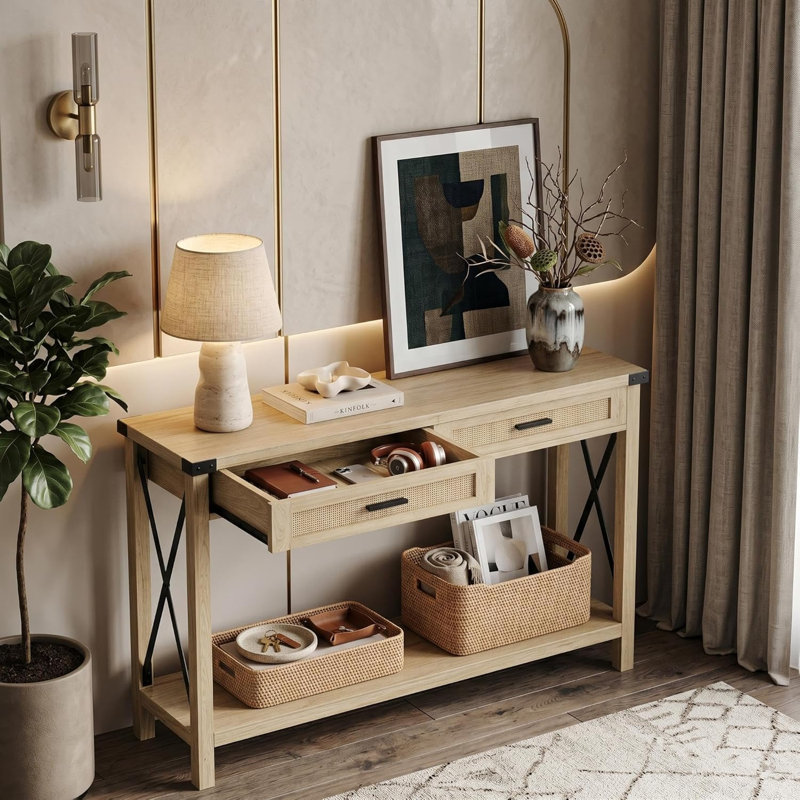 Table d'entrée 43 po avec tiroirs en rotin, console de style campagne moderne pour le salon, table de canapé robuste derrière le canapé, table d'appoint peu encombrante pour le vestibule et les petits espaces