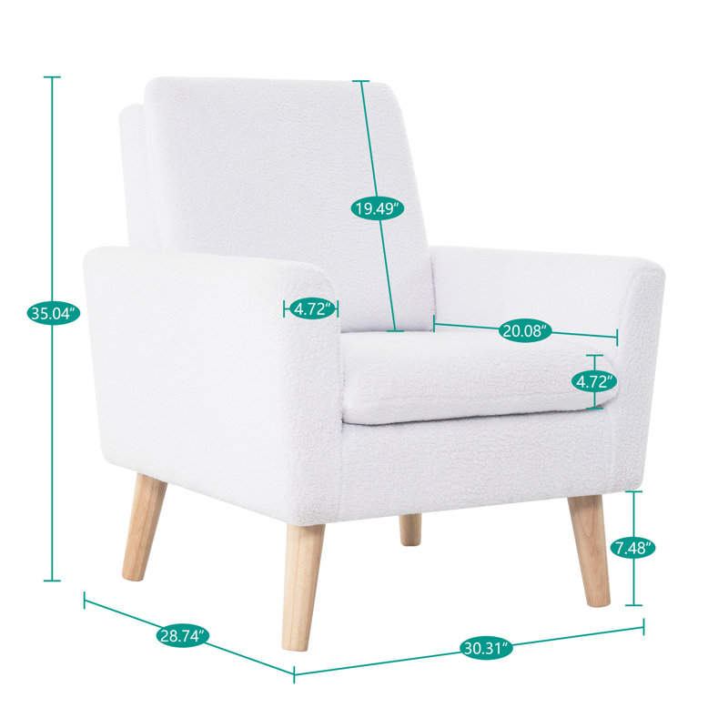 Mid-century Modern Soft Teddy Fleece Accent Chairs for Living Room, Bedroom, oak legs armchair, White Teddy Fleece Fabric