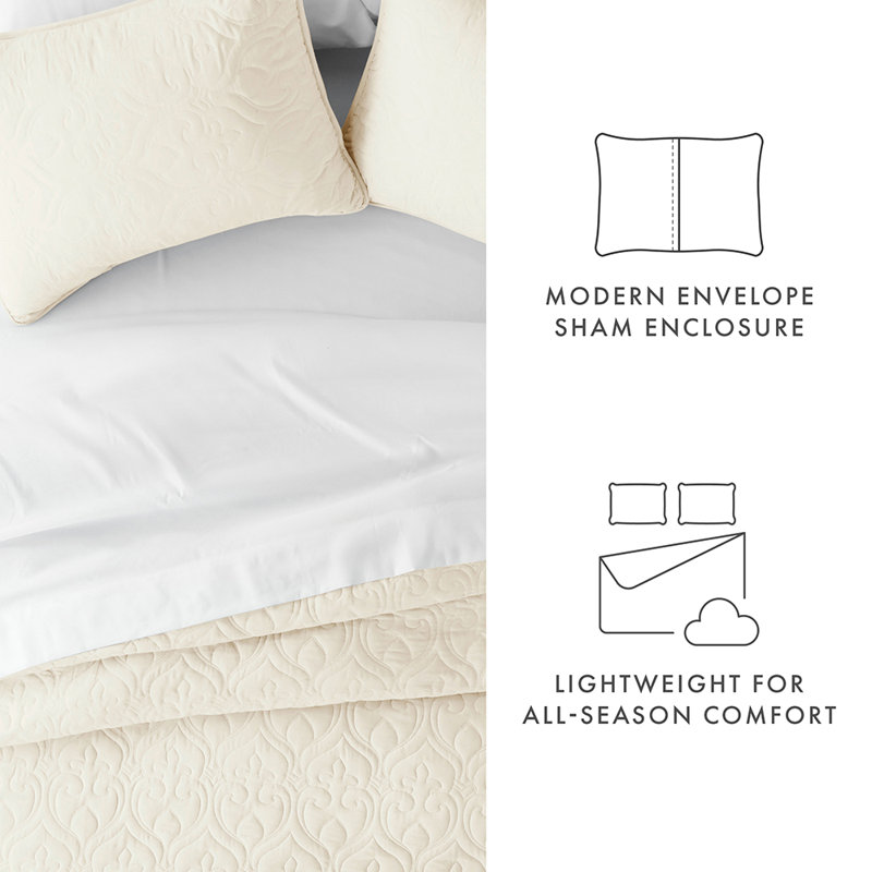 Quilt Coverlet Set All Season Microfiber Contemporary Ultra Soft Bedding in Damask Stitch, Ivory