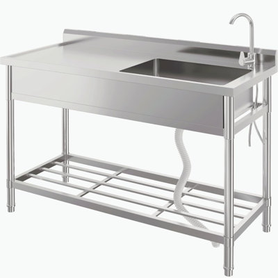 Stainless Steel Utility Sink 47" with Workbench, Storage Rack, Cold/Hot Water Pipe, Free Standing Single Bowl Kitchen Sink with Faucet, Legs for Garage, Outdoor Garden, Backyard, Restaurant, Industry