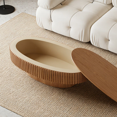Table basse ovale moderne en bois massif avec placage en bois naturel moderne avec rangement | Grande capacité de 47 po | Style contemporain pour salon, chambre à coucher, appartement ou bureau