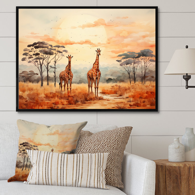 «Orange orange girrafes Walk In African Landscape», reproduction d'art sur toile, Cadre flottant noir