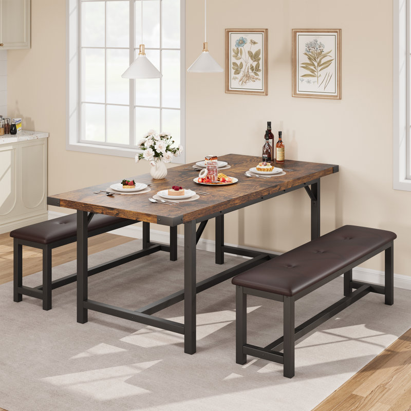 Ensemble de table de salle à manger pour 4-6 avec 2 bancs rembourrés, Brun