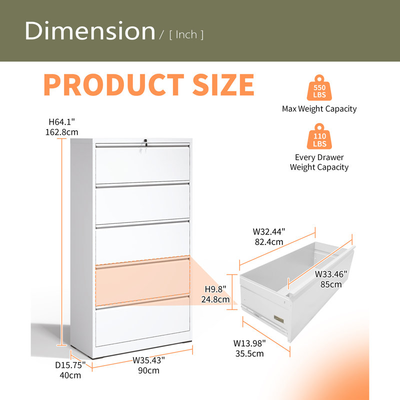 5 Drawer Metal Lateral File Cabinet , Filing Cabinet With Lock, Lockable File Cabinet For Home Office, Locking Metal File Cabinet For Legal/Letter/A4/F4 Size
