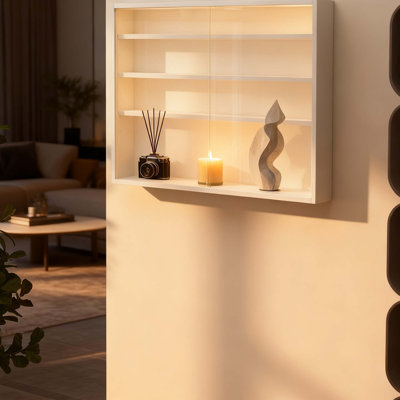5-Tier Wall-Mounted Display Cabinet with Glass Doors and Adjustable Shelves, Perfect for Showcasing Collectibles and Decorative Items.