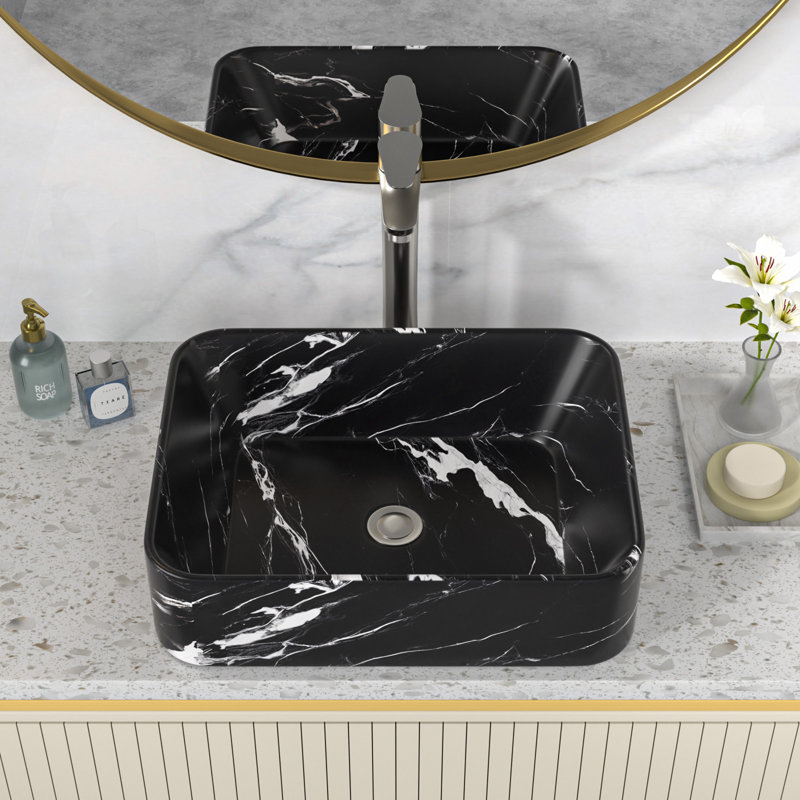 19" L x 15" W Ceramic Rectangular Vessel Bathroom Sink, Marble