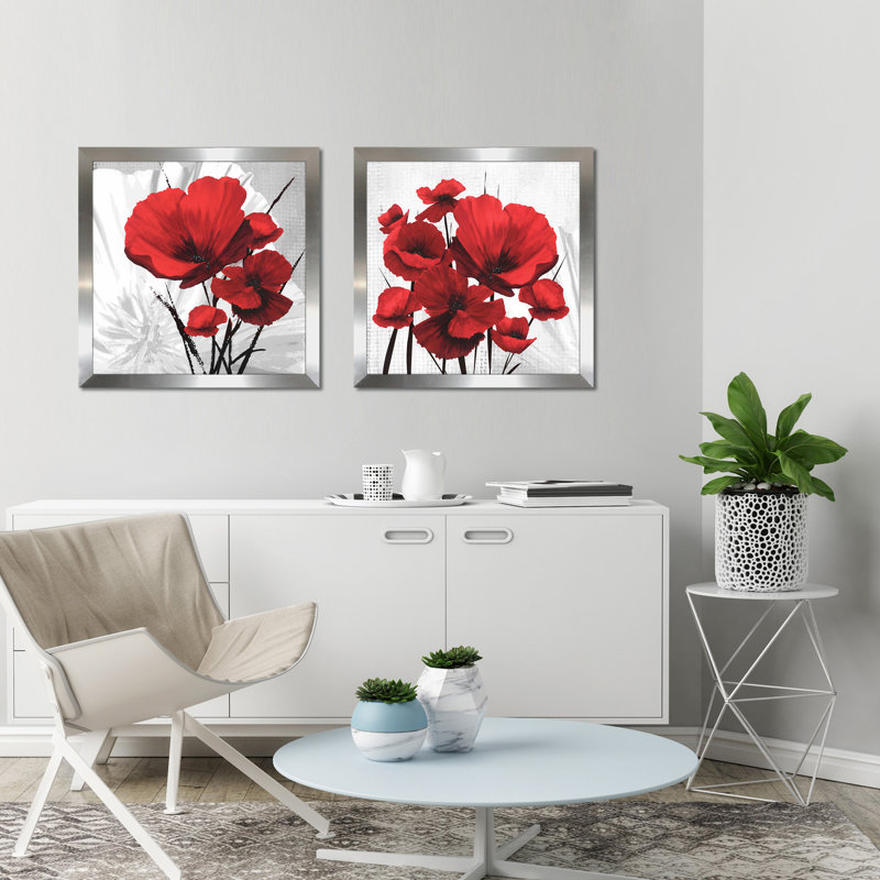 «Big Red Poppies I», ensemble de 2 impressions, H 21,5 po x l 43 po x P 0,75 po, Encadrement argenté