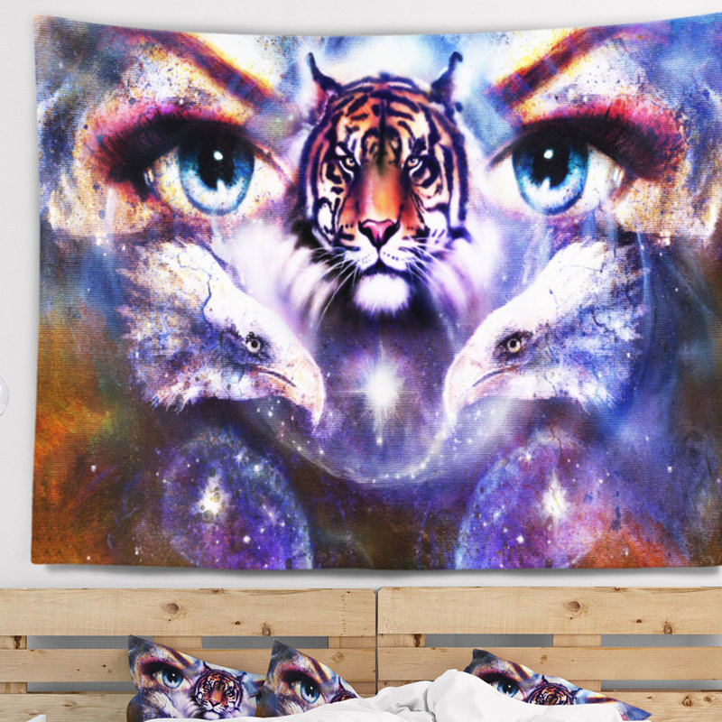 Tiger eagles et woman eyes collage tapisserie Animal, H 32 po x l 39 po