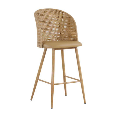 Tabouret de bar d'intérieur en métal avec dossier en rotin de plastique et coussin brun clair