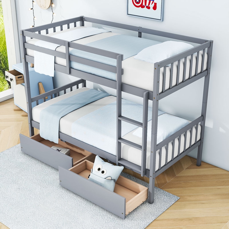 Lit superposé en bois avec 2 tiroirs, gris, Simple sur simple